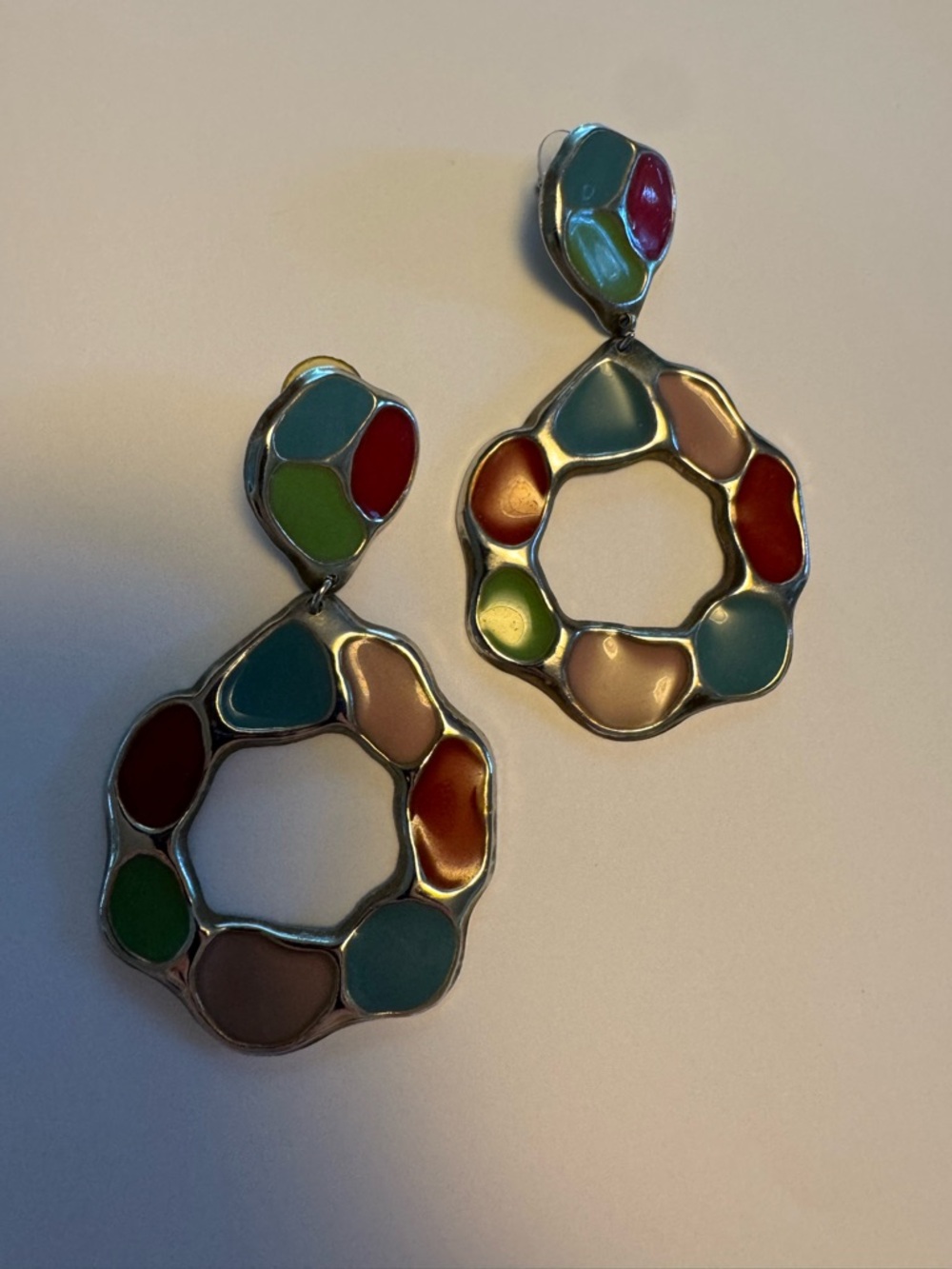 Vintage Multicolor Enamel Open Hoop Statement Earrings | Stud Post | Silver-Tone